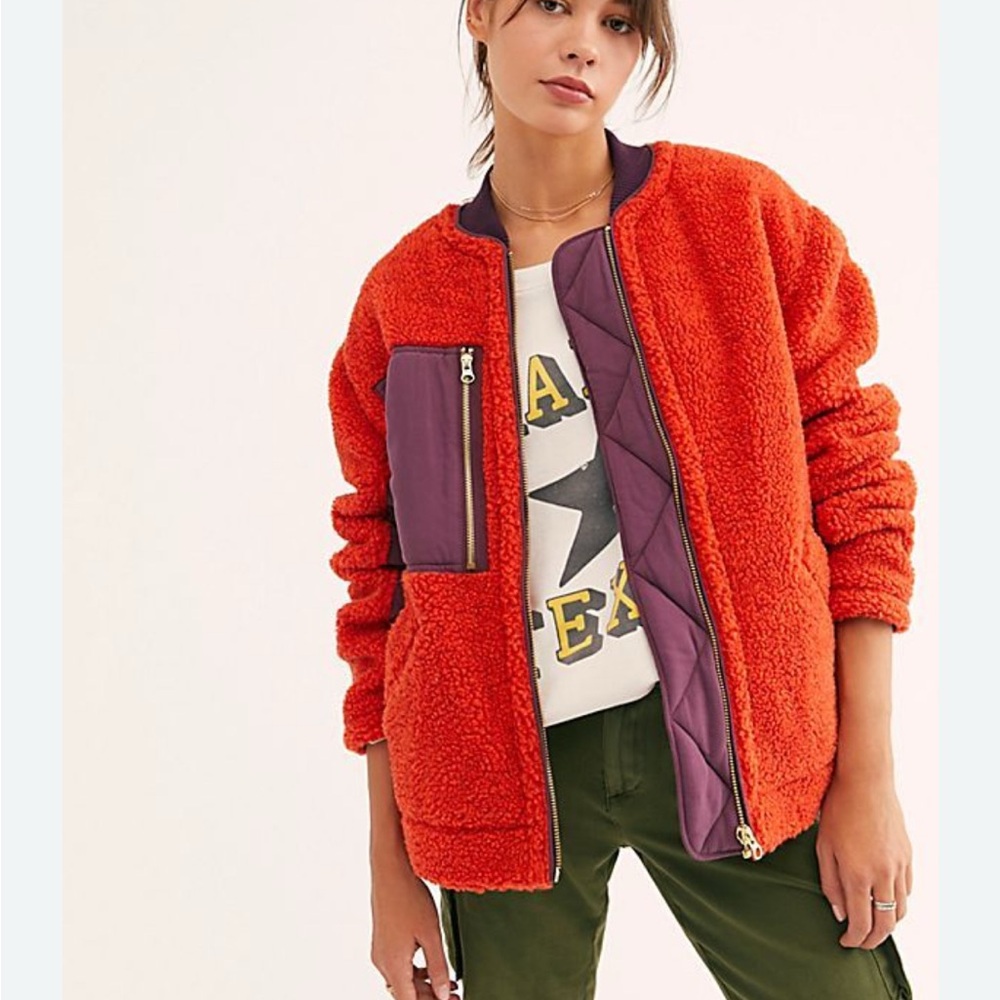 We The Free Rivington Orange Teddy Jacket with Purple Accents Sherpa